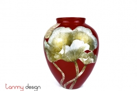 Red ceramic vase with the flared mouth with hand-painted lotus 19*H28cm